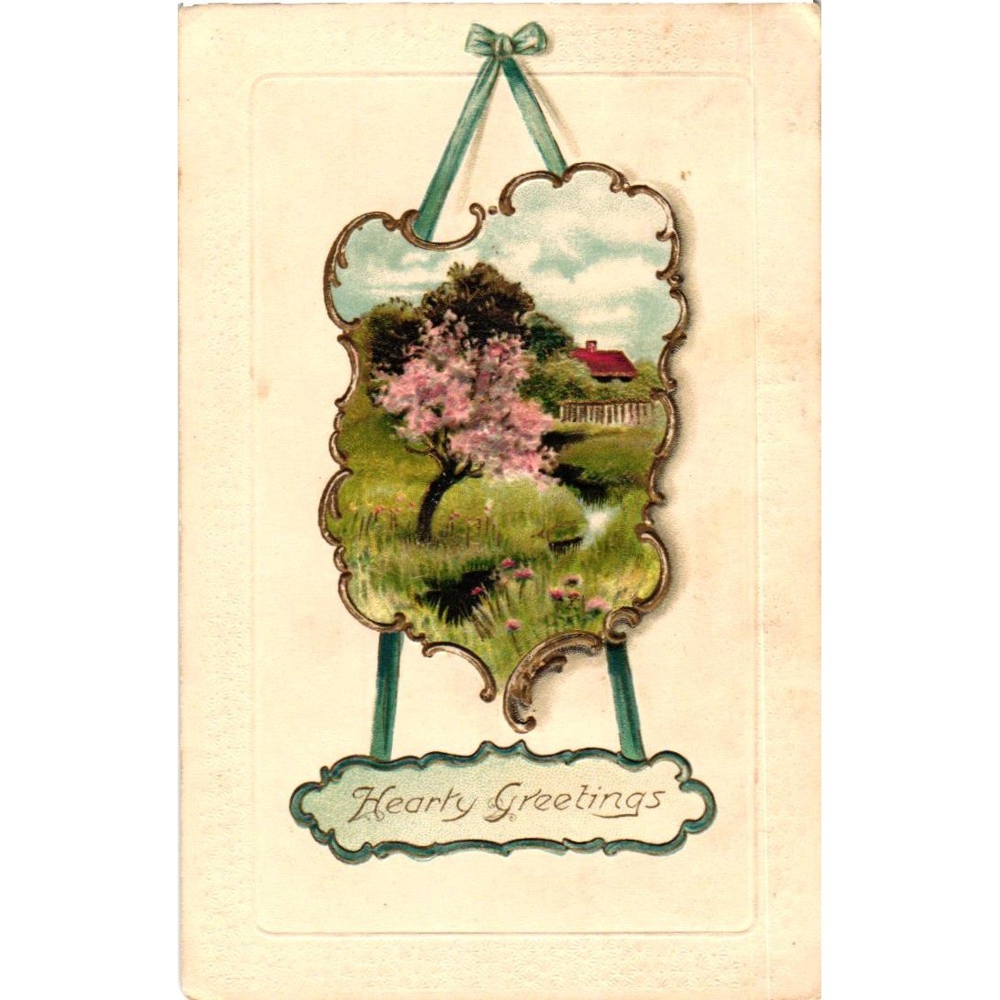 Vintage 1909 Davidson Bro Postcard Hearty Greetings Blossoming Tree Germany 7066