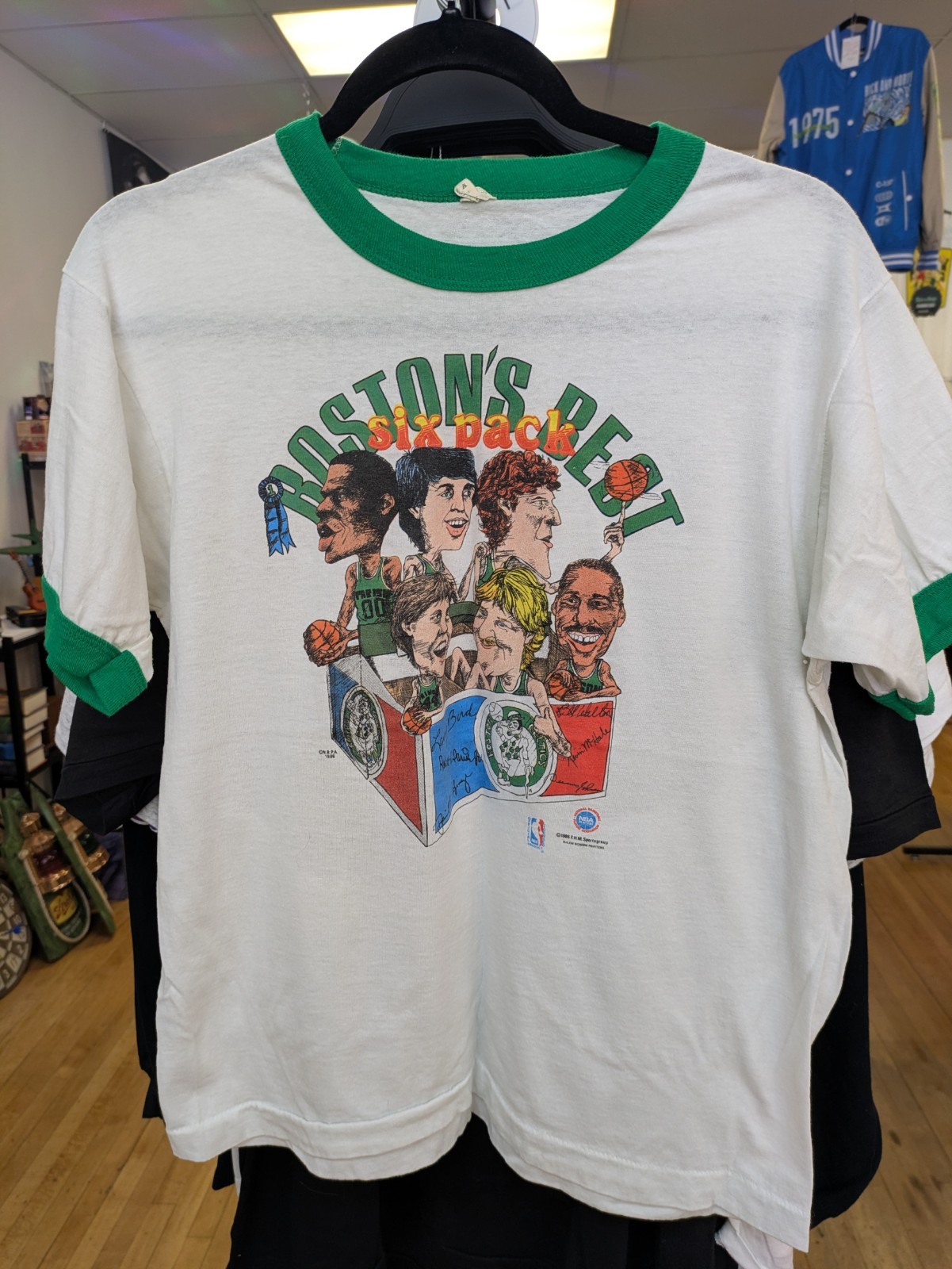 Vtg 1986 Boston Celtics Bostons Best Six Pack T Shirt Caricature Ringer NBA 80s