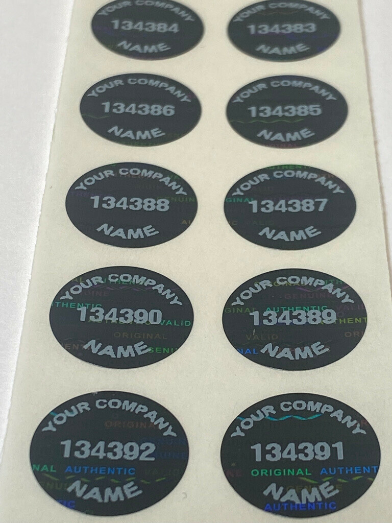 1000 CUSTOM PRINTED TAMPER EVIDENT BLACK TINT HOLOGRAM LABELS .65 INCH ROUND