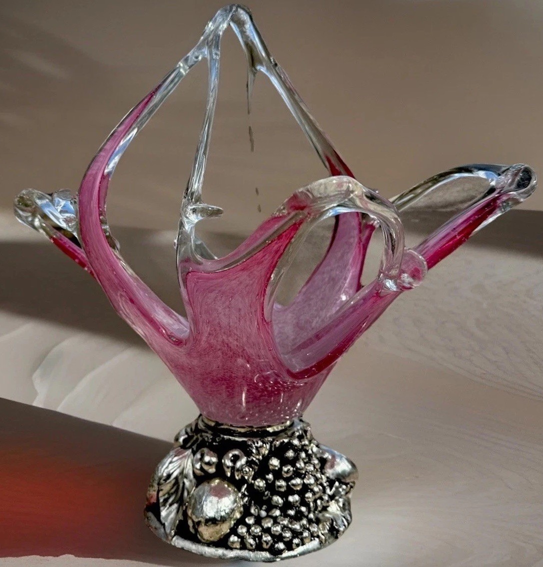 Amazing Vintage Murano Pink Glass Silver Base Basket Sculpture