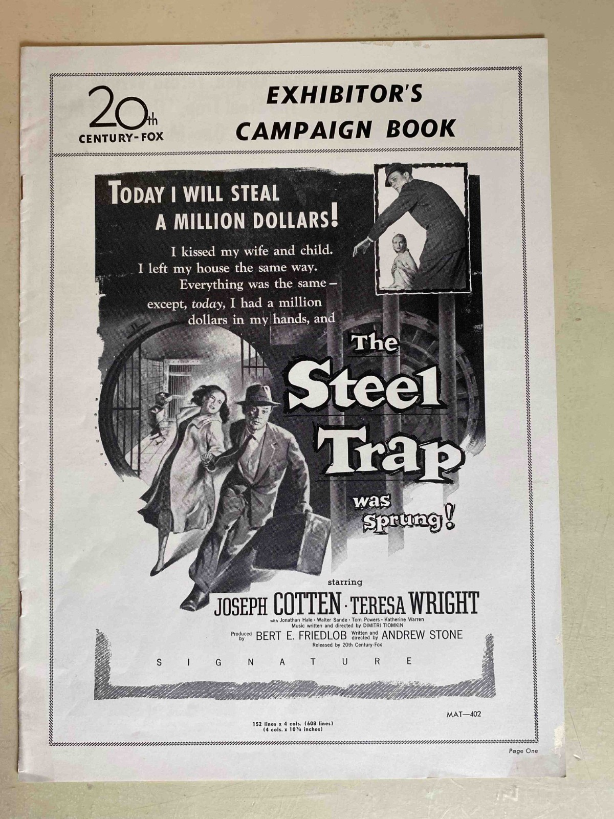 The Steel Trap Pressbook 1952 Joseph Cotton, Teresa Wright, Jonathan Hale