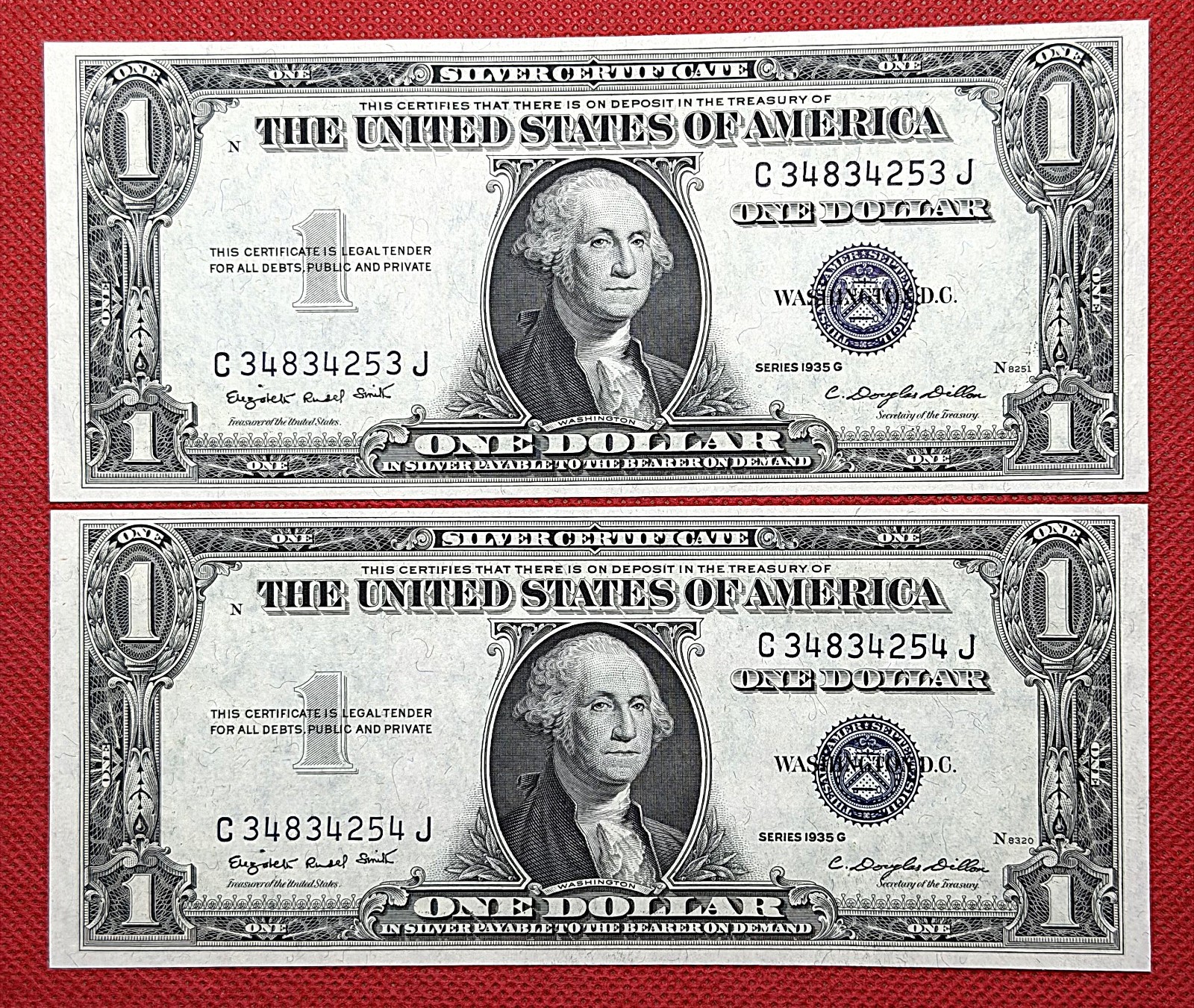 Two 1935-G $1 Dollar Silver Certificate Blue Seal Consecutive UNC no motto RARE