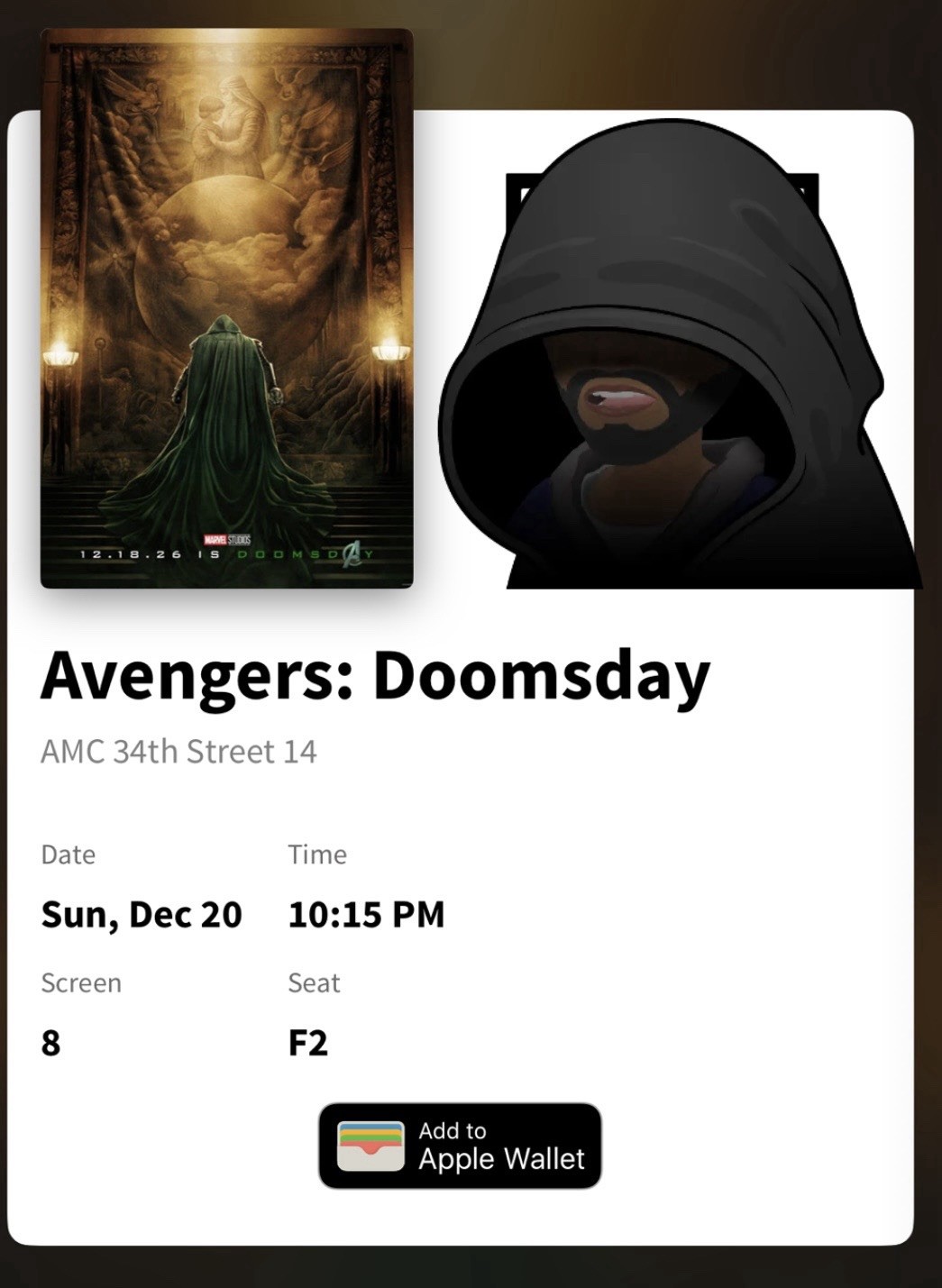 1x Avengers Doomsday Ticket AMC 34th St 10pm
