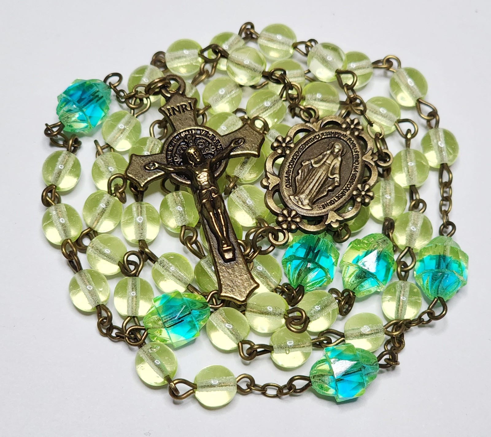 Catholic Rosary Vaseline Uranium Glass Czech Beads Glow UV Black Light Bronze