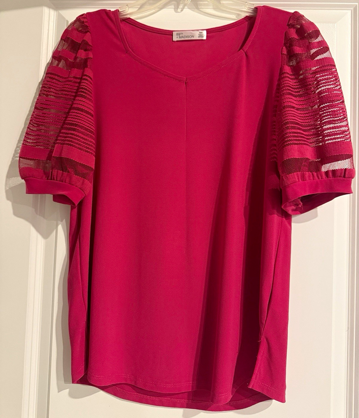 Pink Solid V-Neck Sheer Puff Short Sleeve Blouse