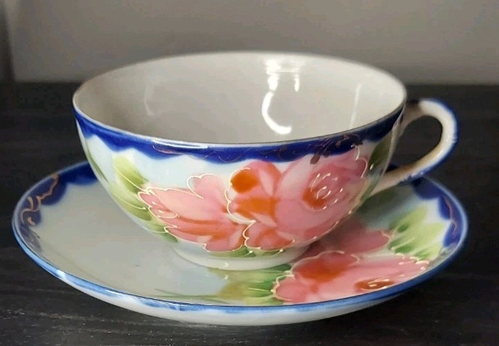 Antique TE-OH Nippon Hand Painted Pink Roses Cobalt Gold Teacup & Saucer