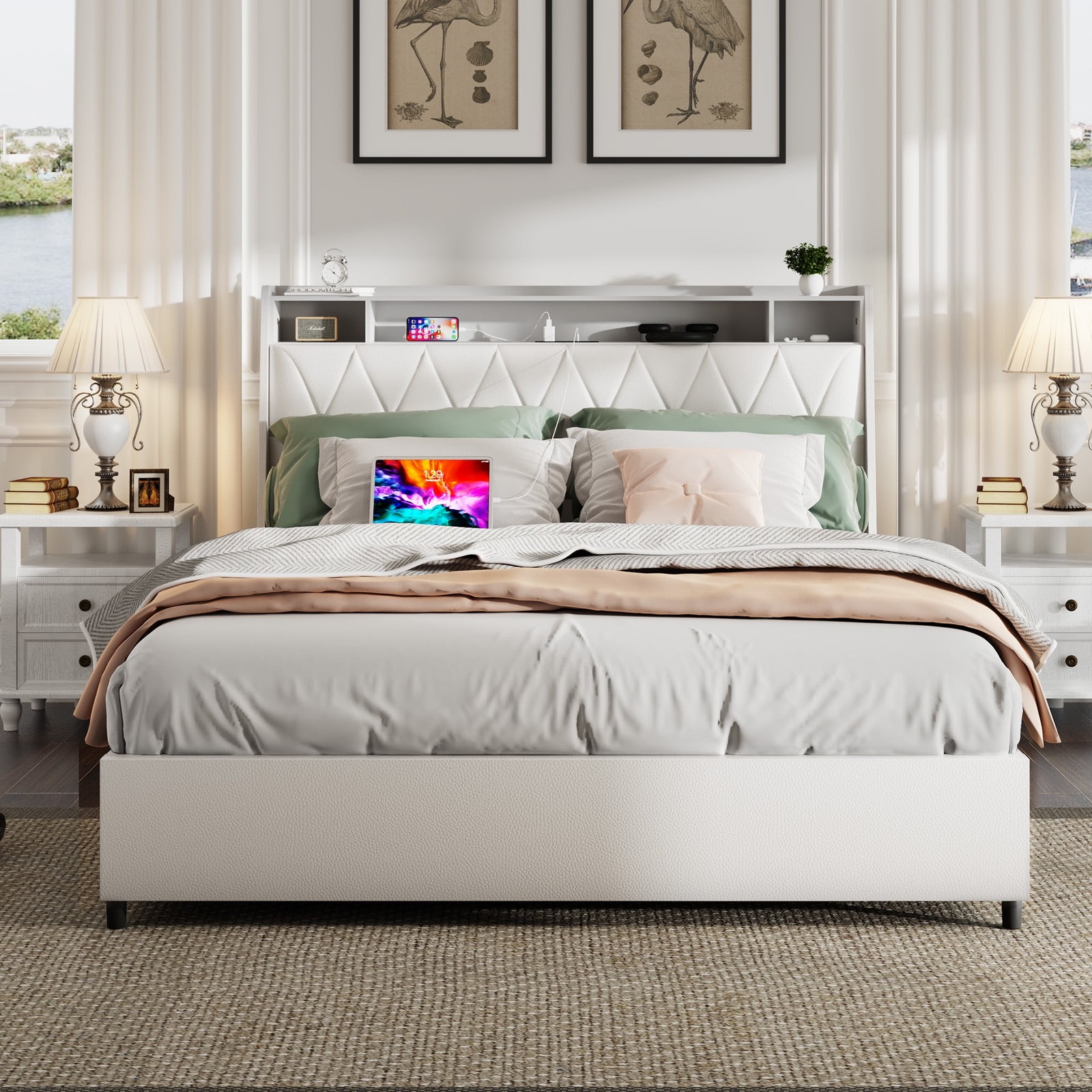 Queen Modern Upholstered Platform Bed White 43\ Queen Modern Upholstered Platform Bed White 43\