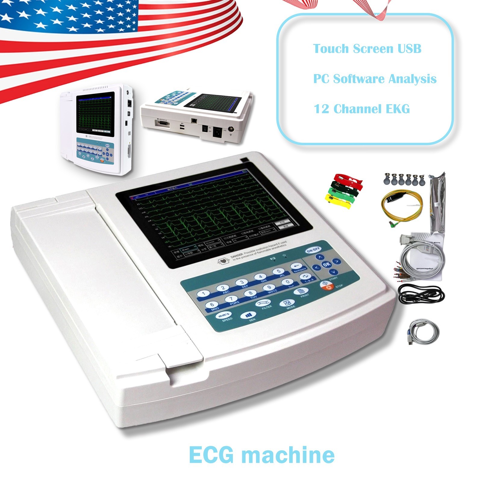 US Stock Digital 12 Channel ECG Machine ECG1200G Portable EKG Electrocardiograph