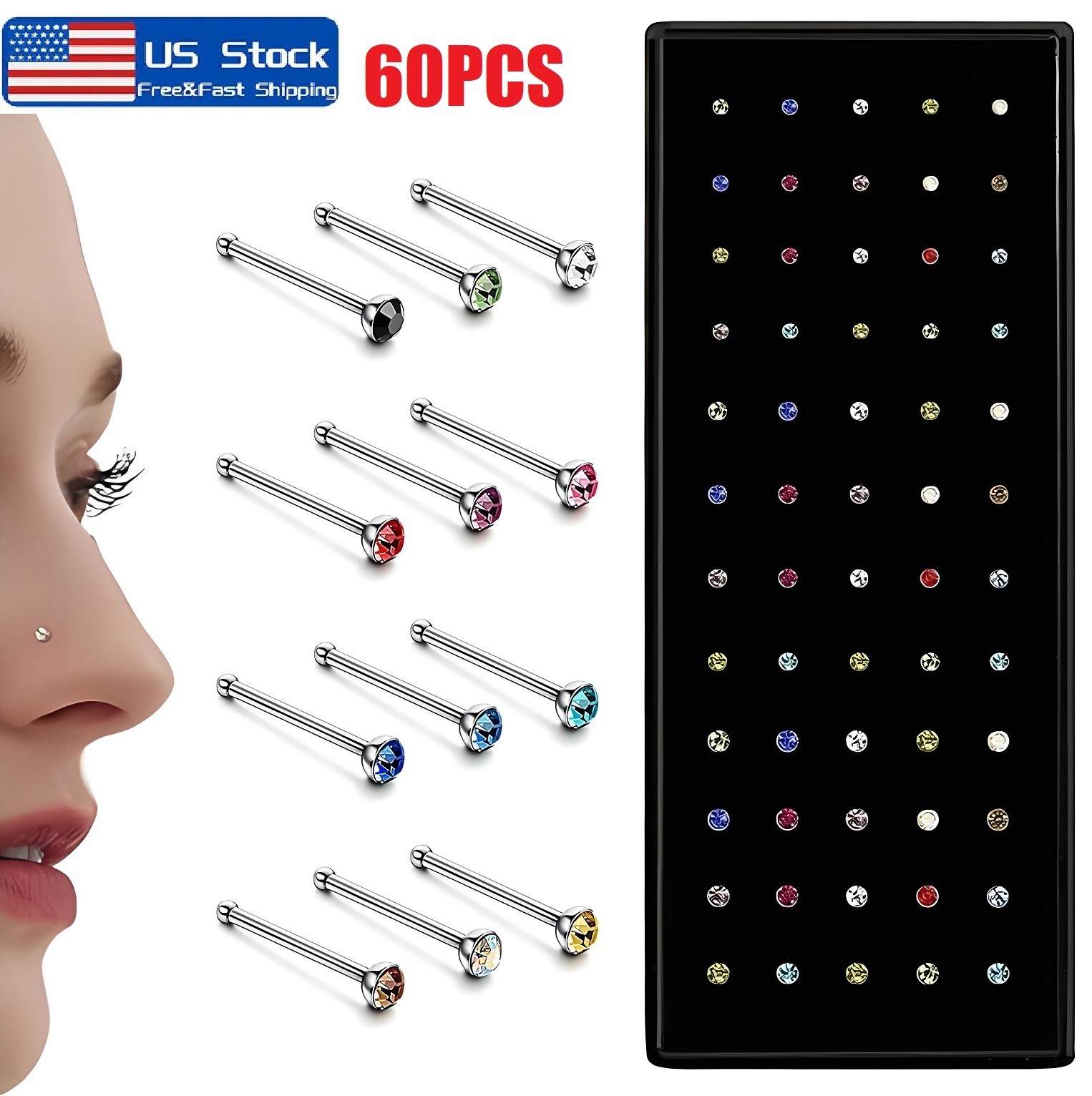 60PCS Stud Nose Rings Bone Stud Stainless Steel Color Pin Jewelry Piercing Body