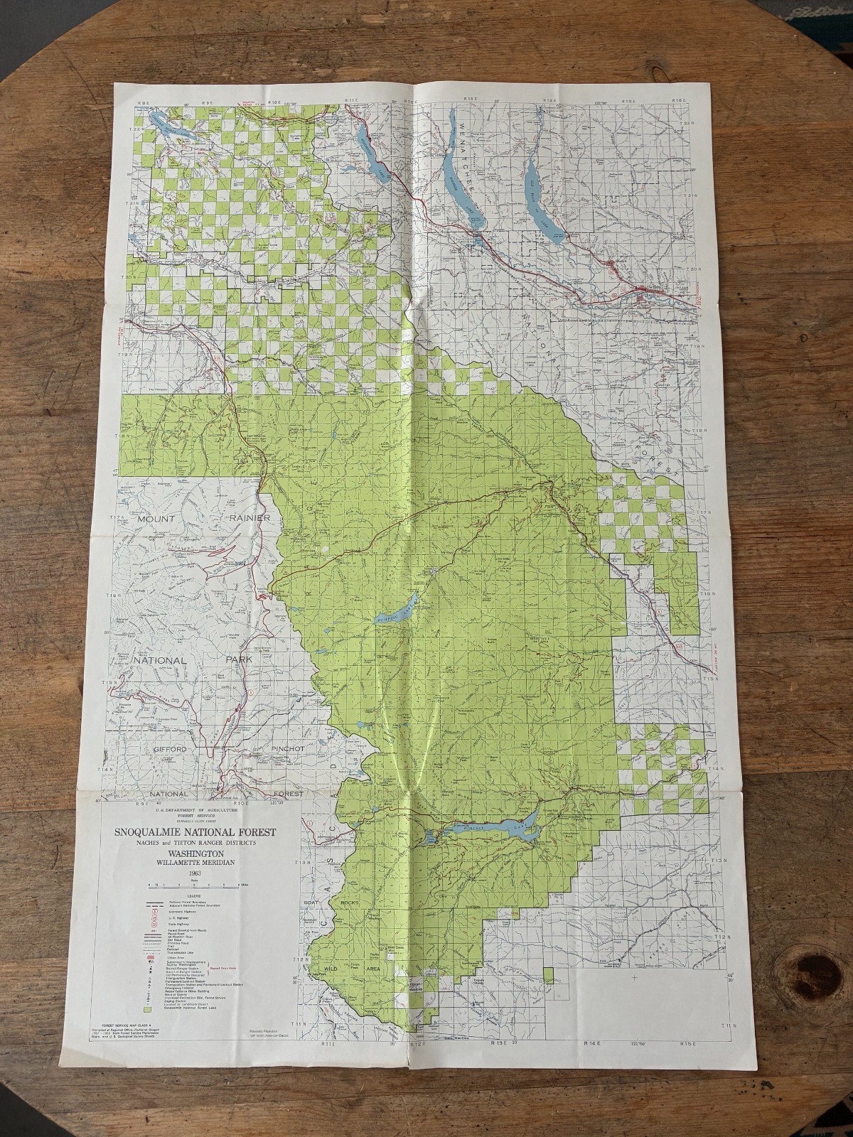 Vintage 1963 Snoqualmie National Forest Map Washington Mount Rainier USFS