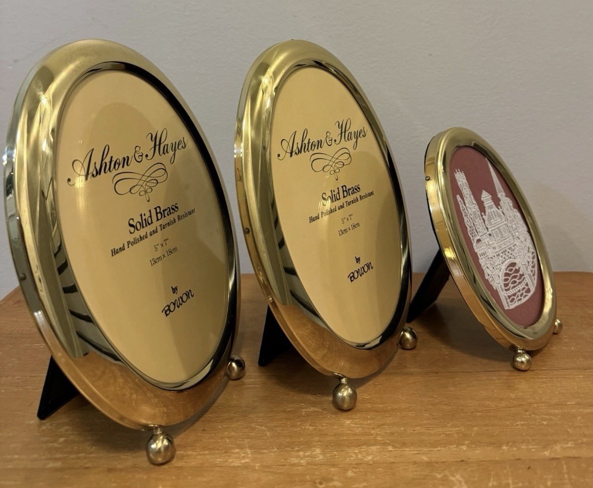 VTG Ashton & Hayes Solid Brass Oval Picture Frames - Set of 3 (NOS)-Tarnish Res.