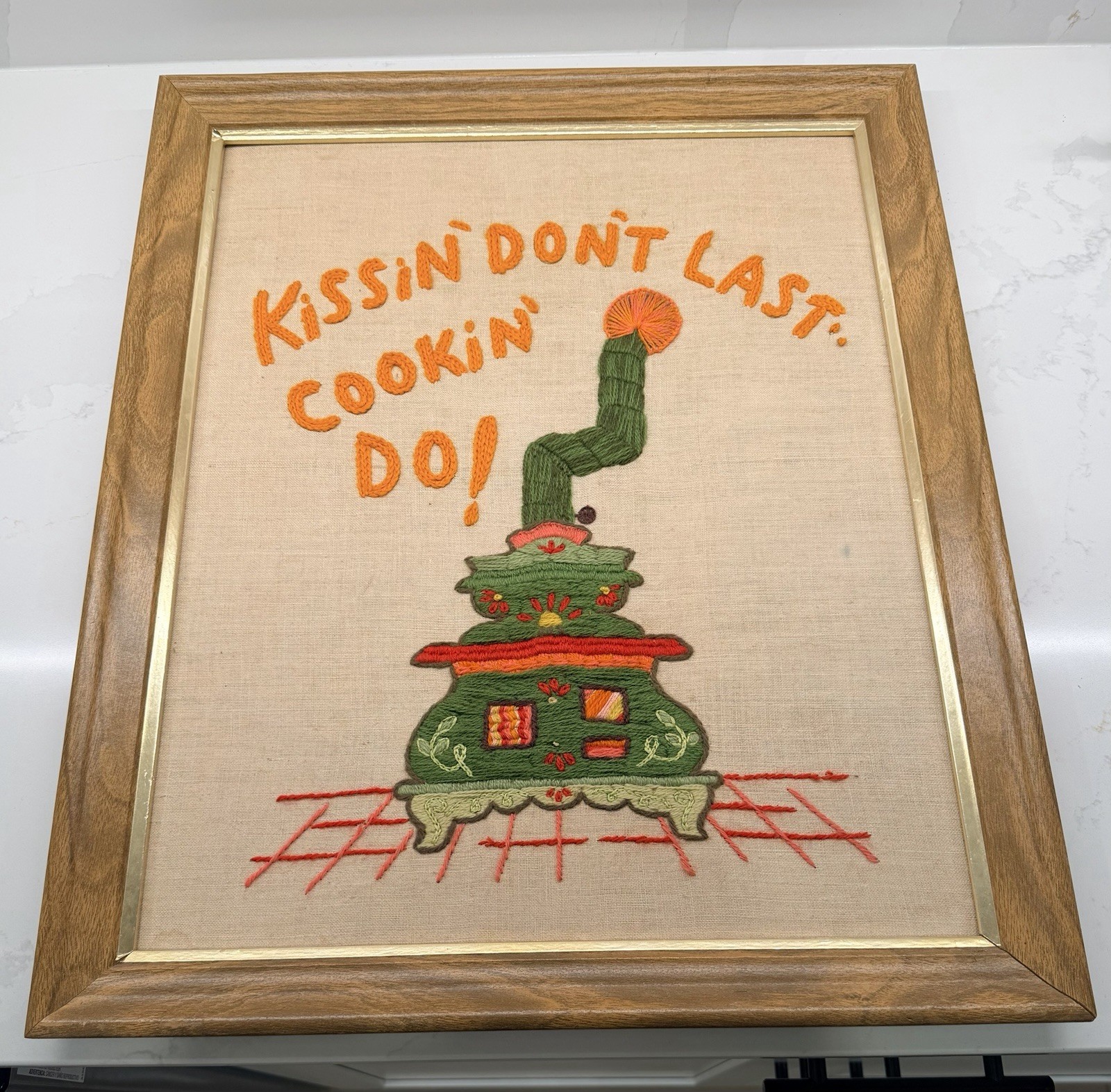 Large Vtg 1970s Crewel Embroidery Retro Kitchen Wall Art Folk Art Framed 23.5”