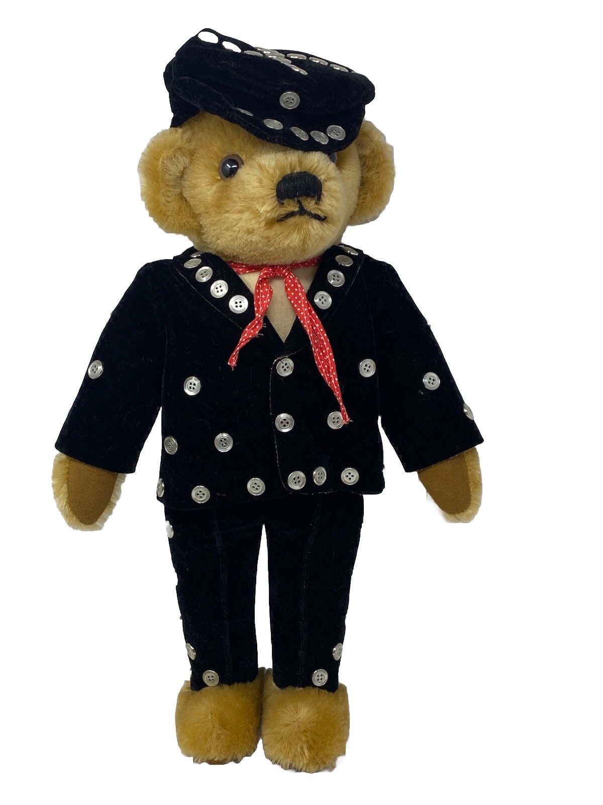 Merrythought Mohair Teddy Bear Pearly King Black Velvet Suit Cap 17” RARE