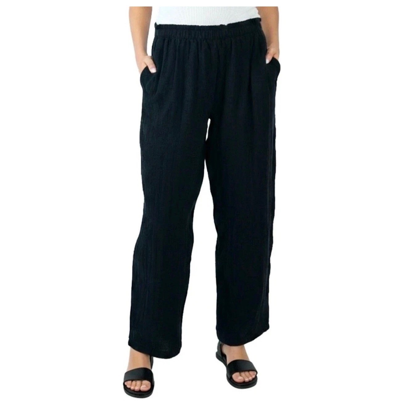 NWT Coldwater Creek Women Black Cotton Gauze Pull-On Pants Elastic •M• Coastal