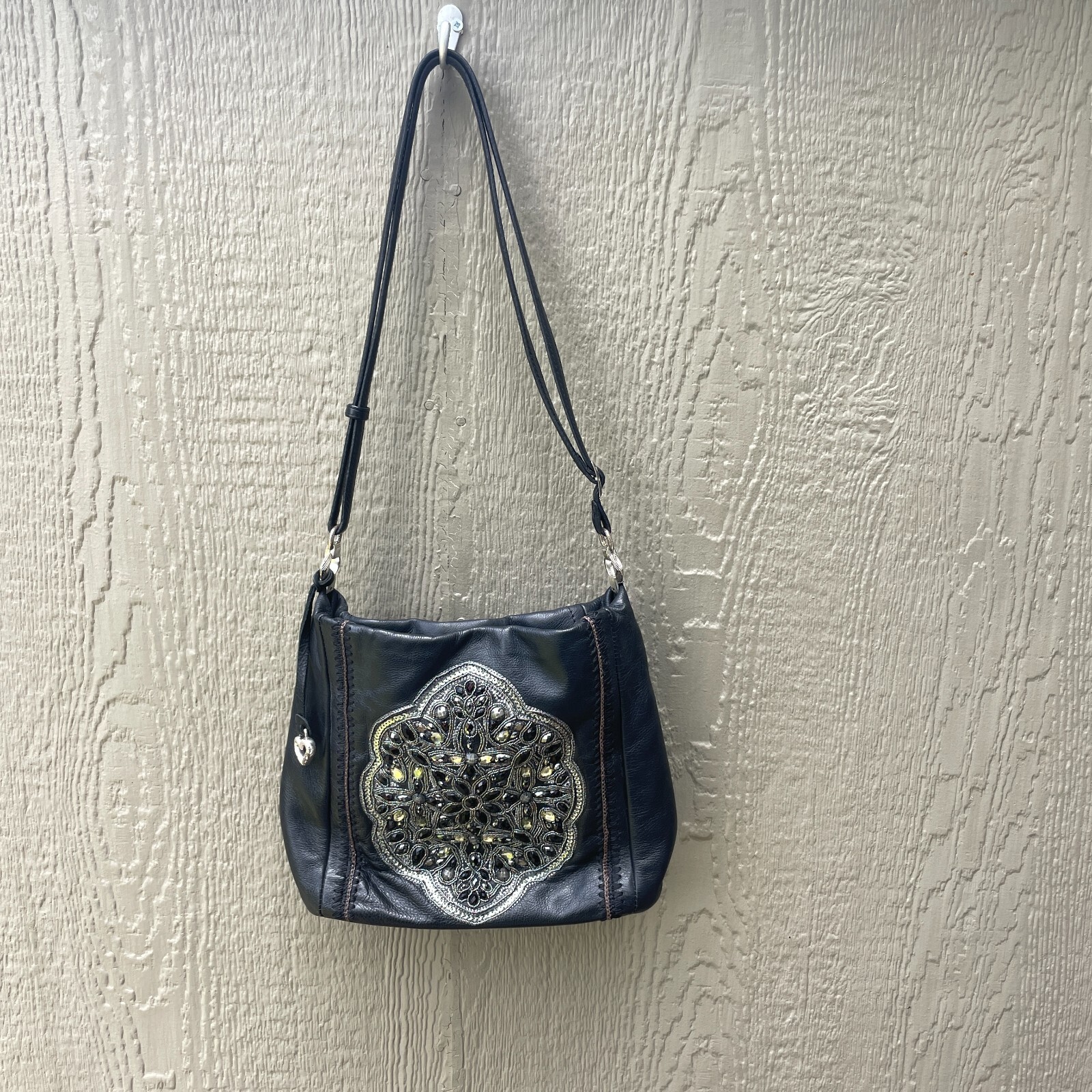 Brighton Anjulina Leather  Shoulder Bag Pewter Beads  Anju Black Masterpiece
