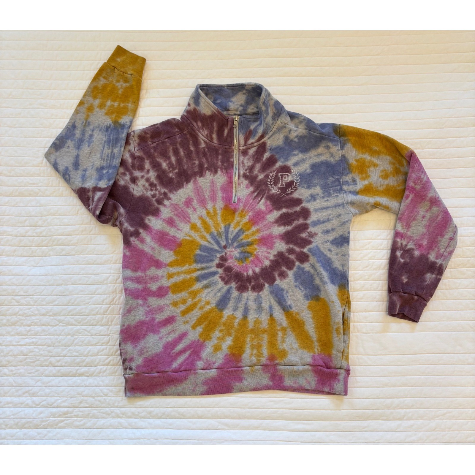 Victoria\'s Secret PINK Quarter Zip Tie Dye Pullover Sweatshirt Collegiate Emblem
