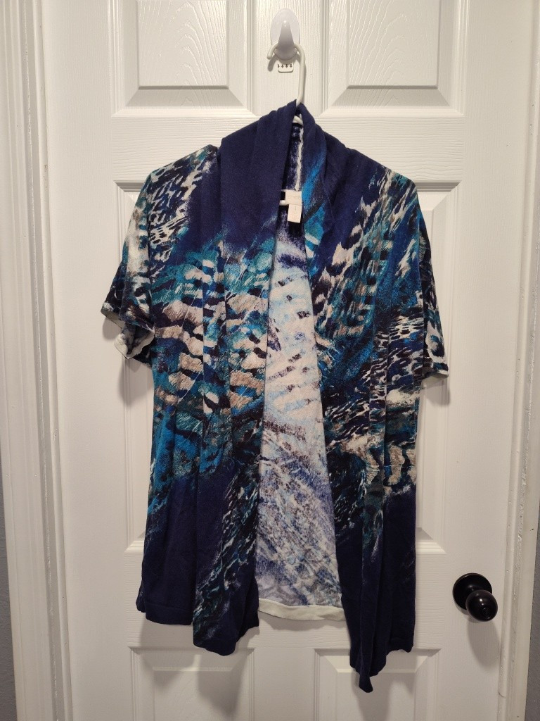 Chicos Fierce Blues Kandyce Cardigan Size 1 US Medium Short Sleeve Open Front