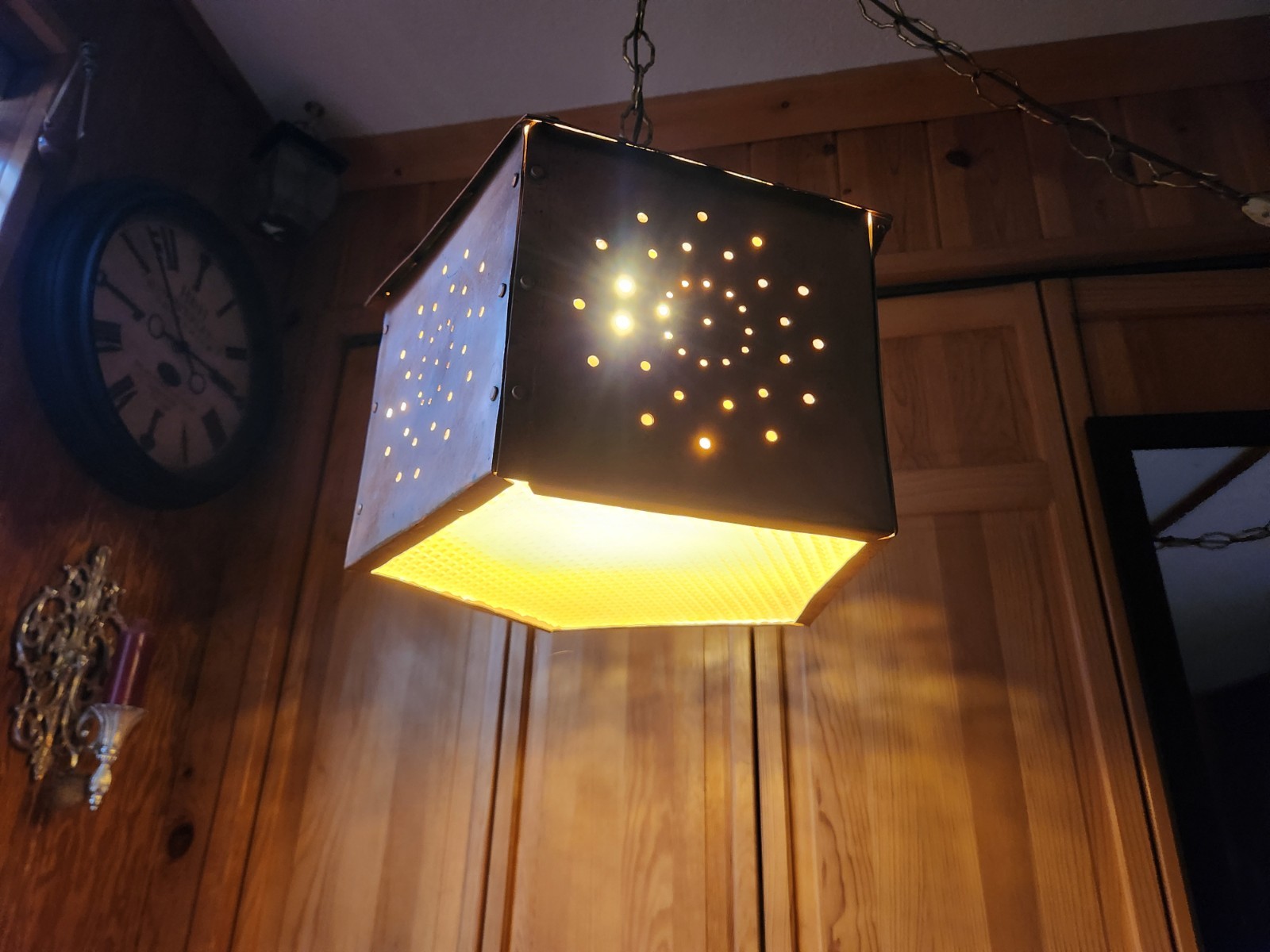 Vtg Punched Copper Swag Lamp Pierced Metal Starburst Pendant Hanging Light MCM Vtg Punched Copper Swag Lamp Pierced Metal Starburst Pendant Hanging Light MCM