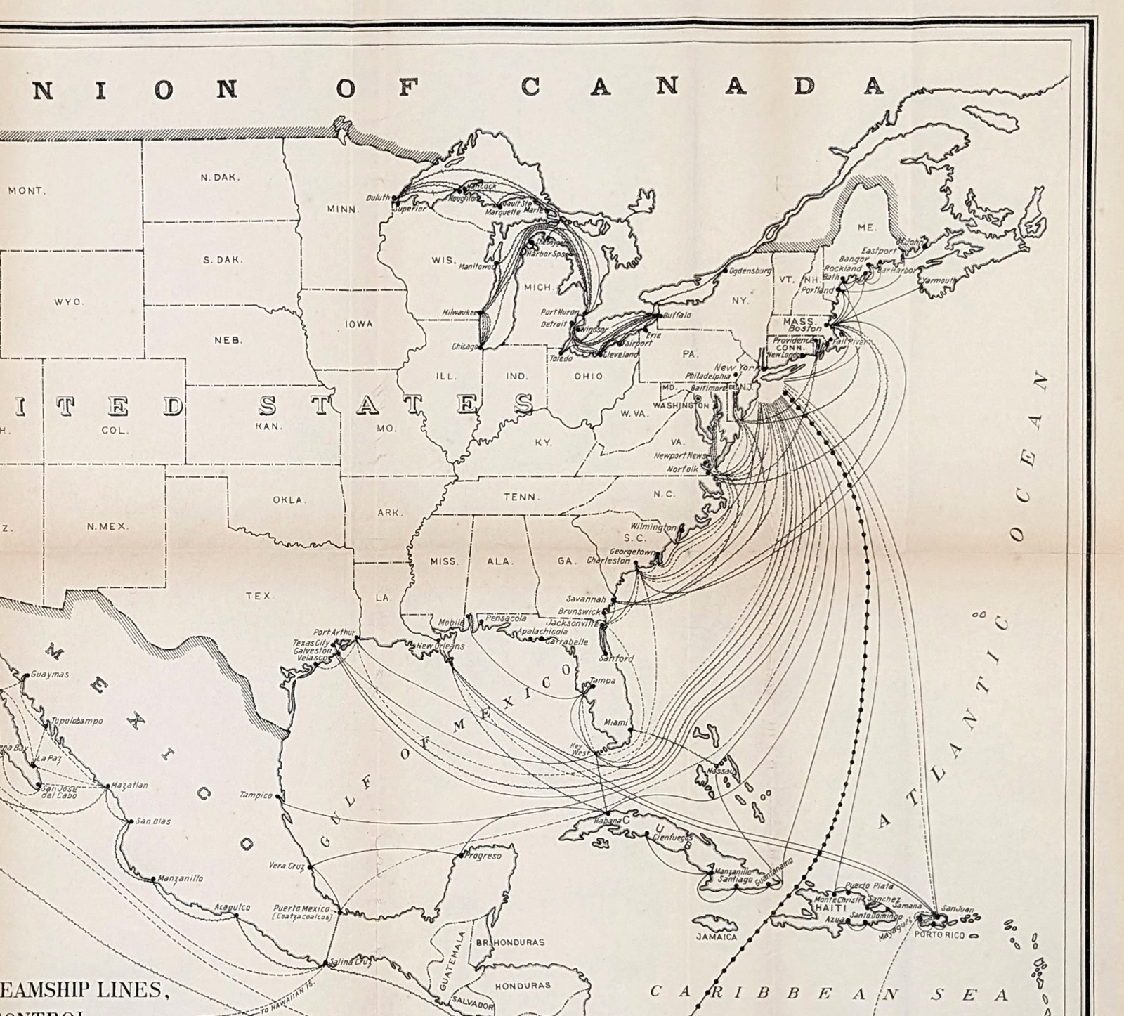 1912 UNITED STATES Steamship Lines Map East West Coast West Indies Original 