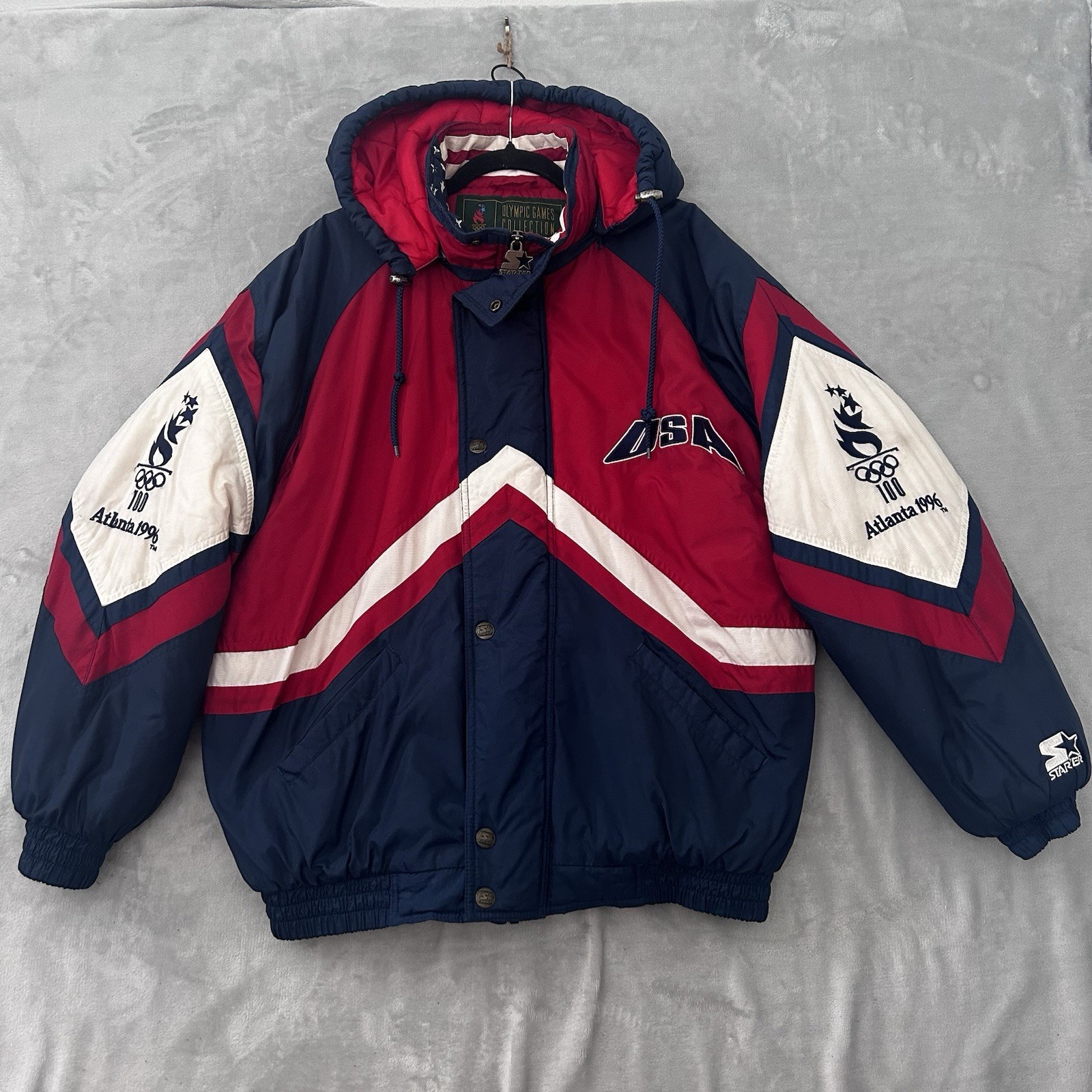 VTG 90’s Starter USA Olympics Jacket Mens L Atlanta 1996 Hooded Puffer Flag Rare