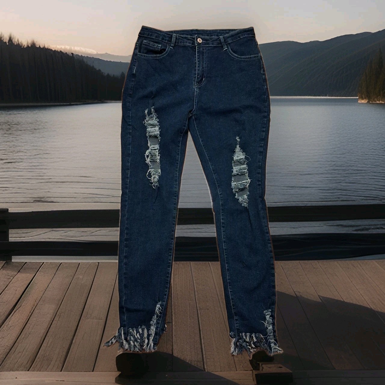Shein Skinny Jeans  Raw Hem Distressed Holes Medium Wash Women’s Size Large