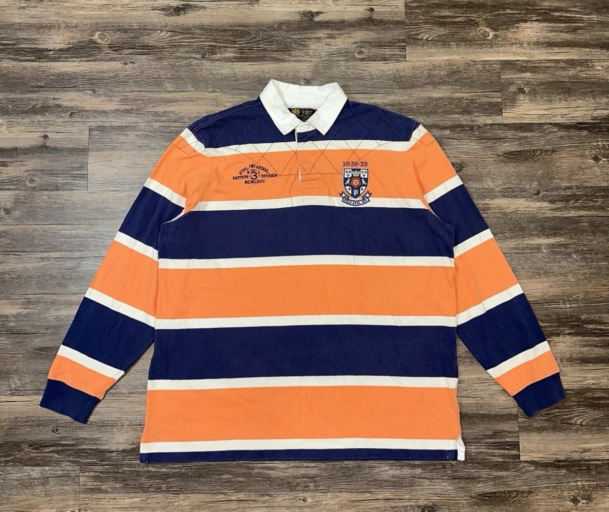 Vintage 90s Polo Ralph Lauren Rugby Shirt Mens Size 2XL Orange Blue Long Sleeve