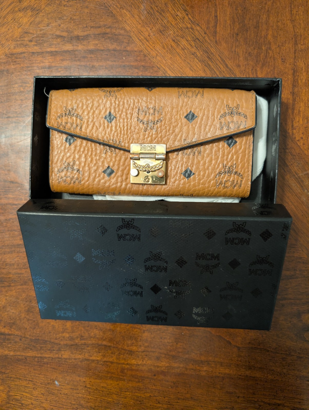 MCM Patricia Visetos Large Flap Wallet Two-Fold Cognac Brown, Box Dust Cloth Tag