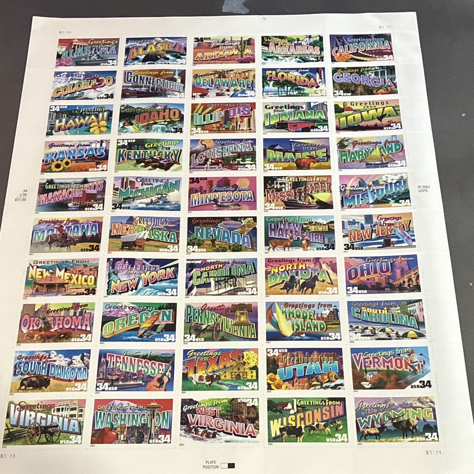 USPS Greetings From States 34¢ Stamp Sheet Pane, 2001, Mint Never Hinged