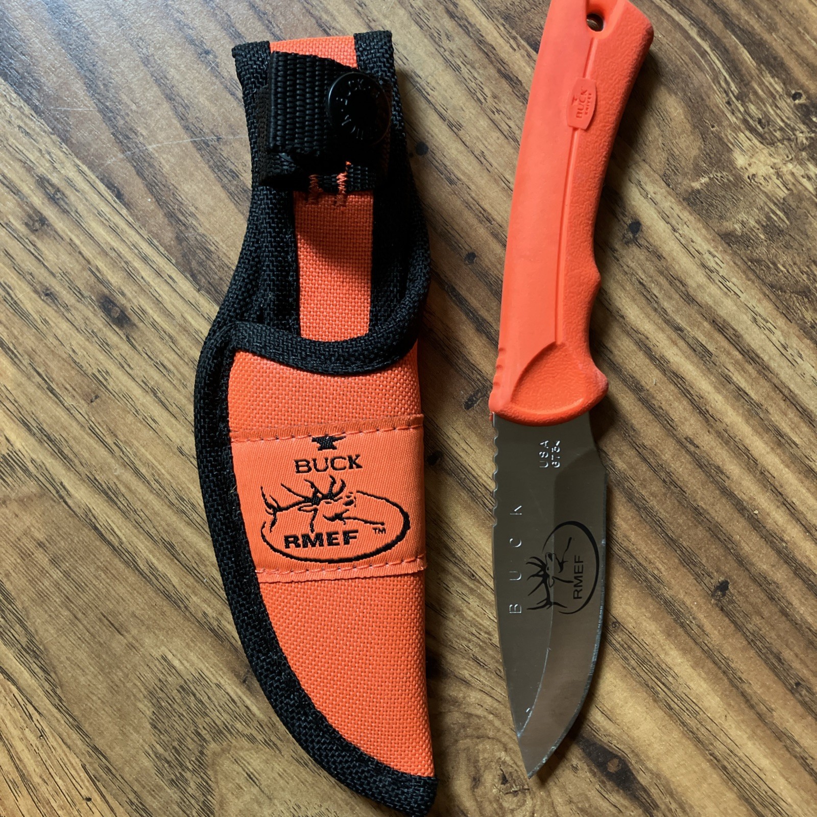 Buck 673 RMEF Fixed Blade Hunting Knife Blaze Orange Handle With Sheath USA