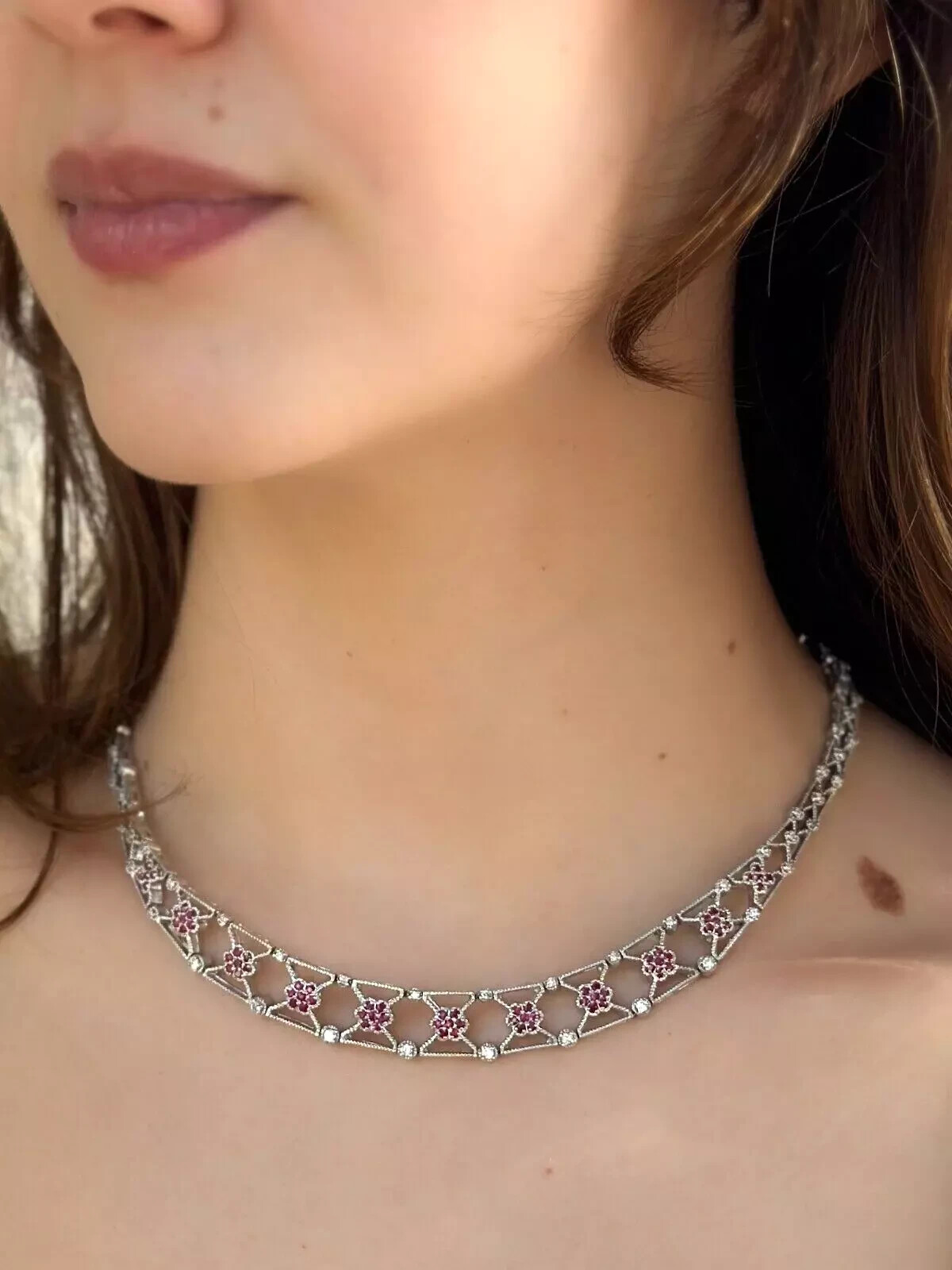 Art Deco Style Tennis Necklace 9 Ct Round Simulated Ruby 14k White Gold Plated
