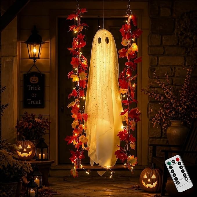 Halloween Hanging Ghost Decoration LED Swinging Ghost Maple Leaf Porch