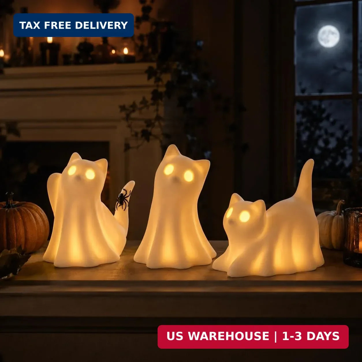 3PCS Ceramic Ghost Cat Light Up Decor Cat Ghost Halloween Decor 3PCS Ceramic Ghost Cat Light Up Decor Cat Ghost Halloween Decor