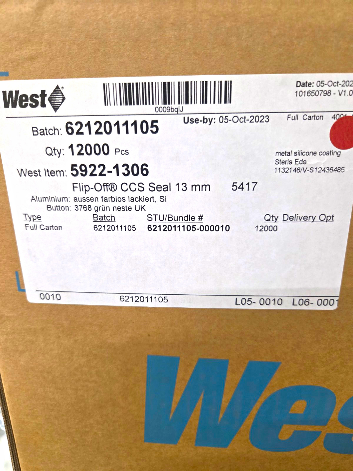 West Flip-Off CCS Seal 13mm Aluminum Seals Biological Laboratory MPN 5922-1306 West Flip-Off CCS Seal 13mm Aluminum Seals Biological Laboratory MPN 5922-1306