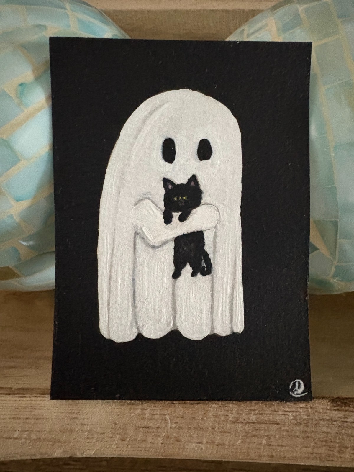 Original Ghost & Black Cat ACEO Acrylic Painting Halloween Gothic Spooky Art