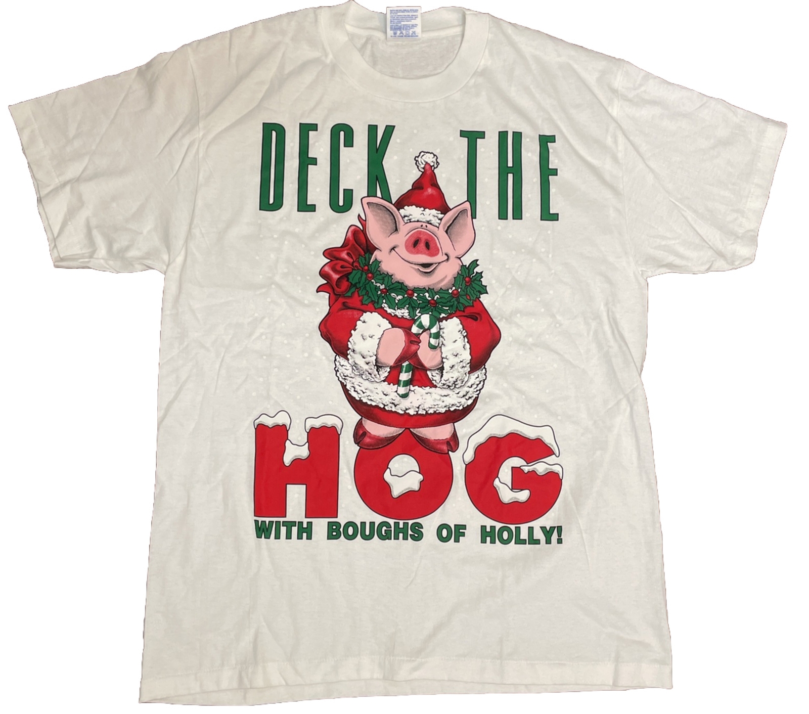 Rare VTG 90s Single Stitch T Shirt Hanes Deck The HOG With Boughs Of Holly Sz L