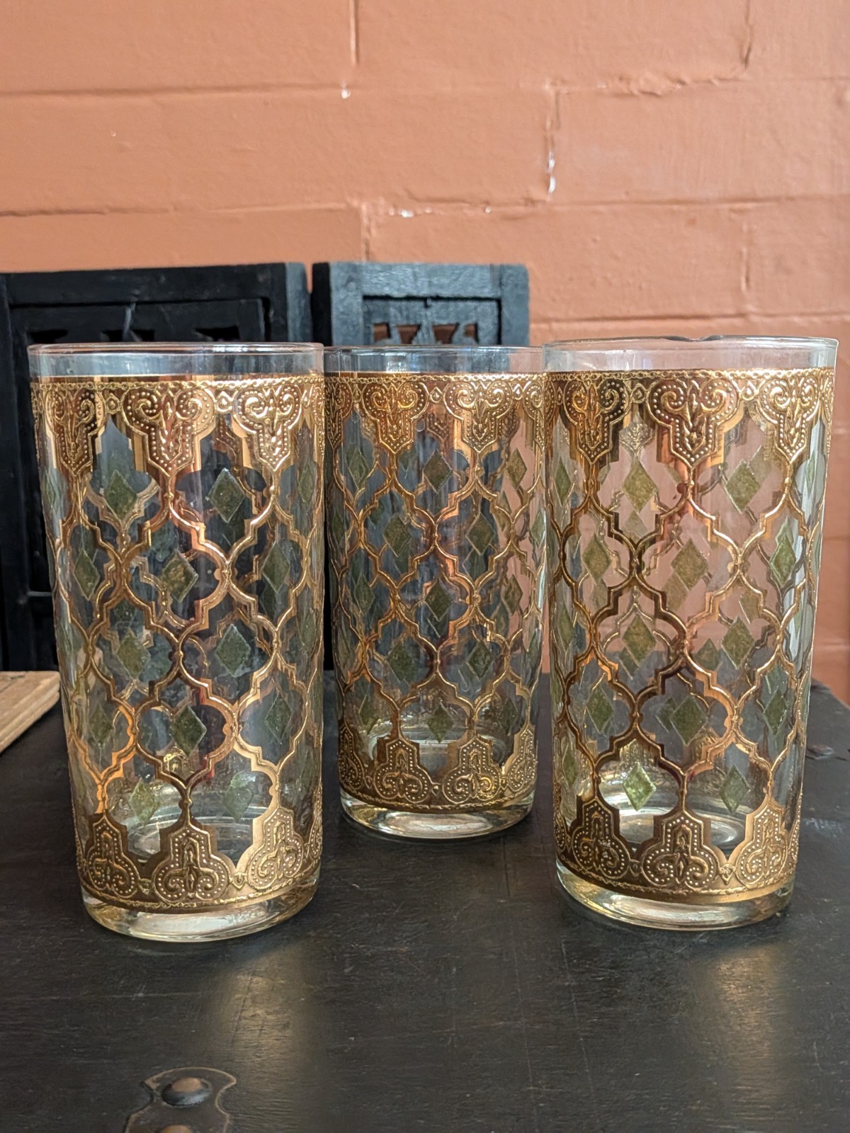 Culver Valencia Highball Glass 22K Gold Green Diamond Tumbler Set 3 Vtg Bar Art