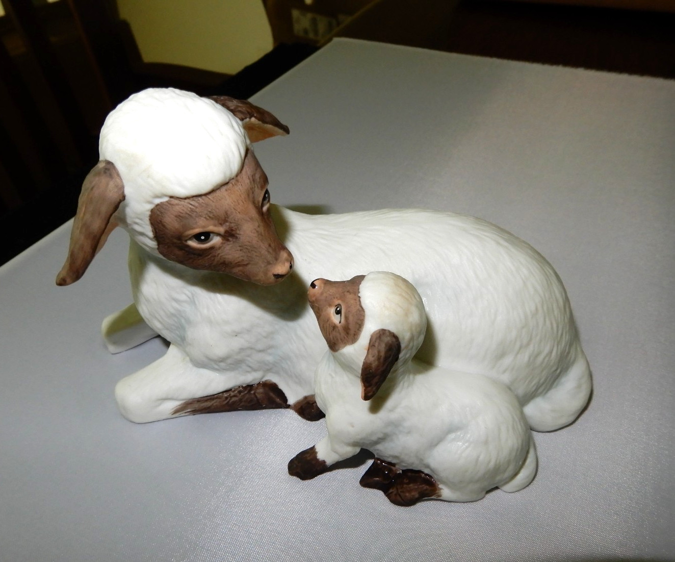 Vintage HOMCO Mother Sheep Baby Lamb Figurine Brown Face  Bisque #1471