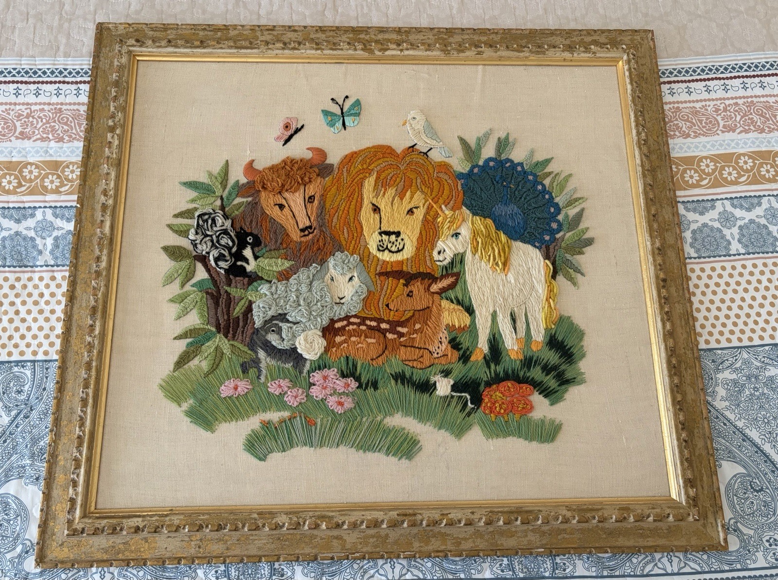 Vintage 1970’s Embroidery Crewel Peaceable Kingdom Jungle Art Completed & Framed