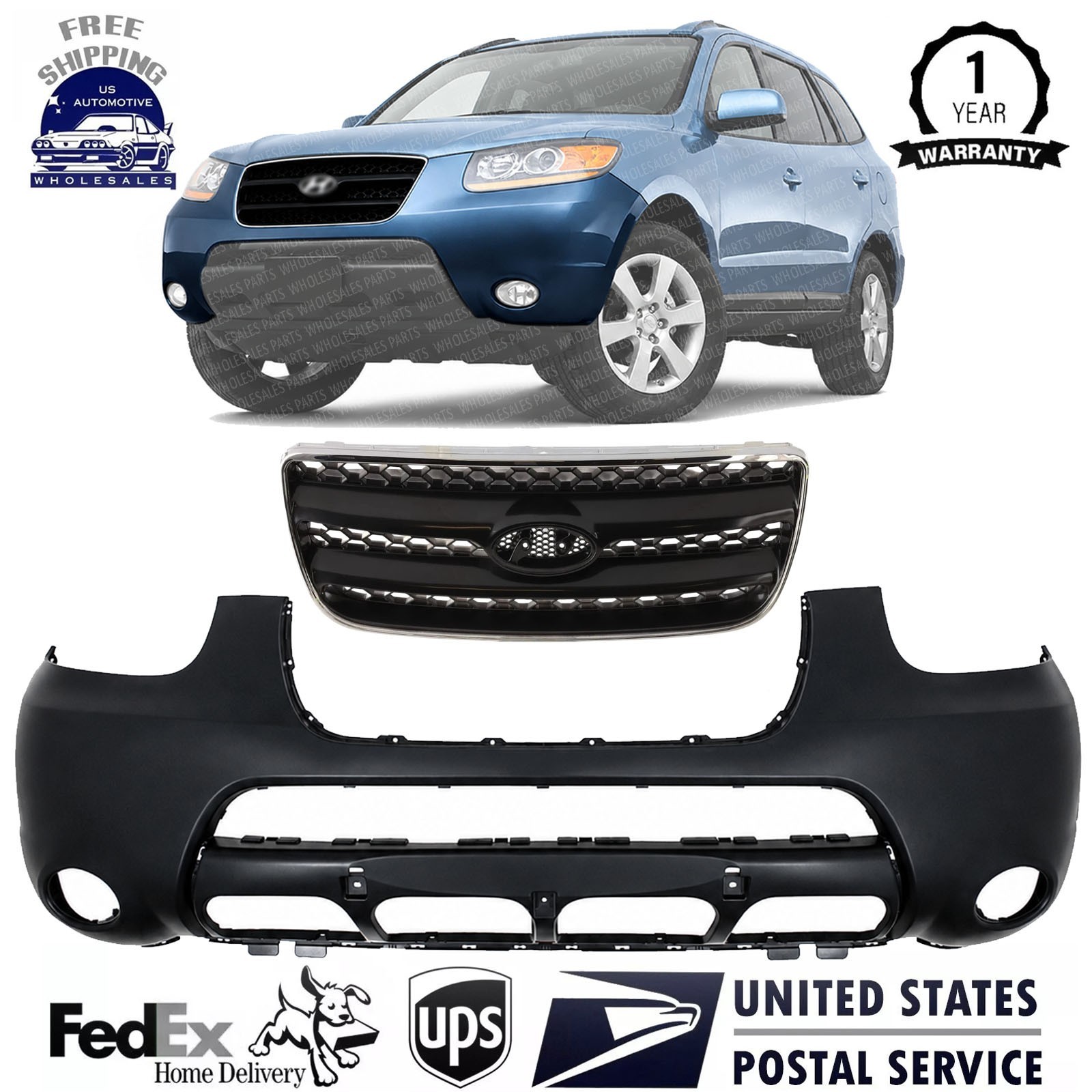Front Bumper Cover Fascia & Grille Assembly Kit For 2007-2009 Hyundai Santa Fe