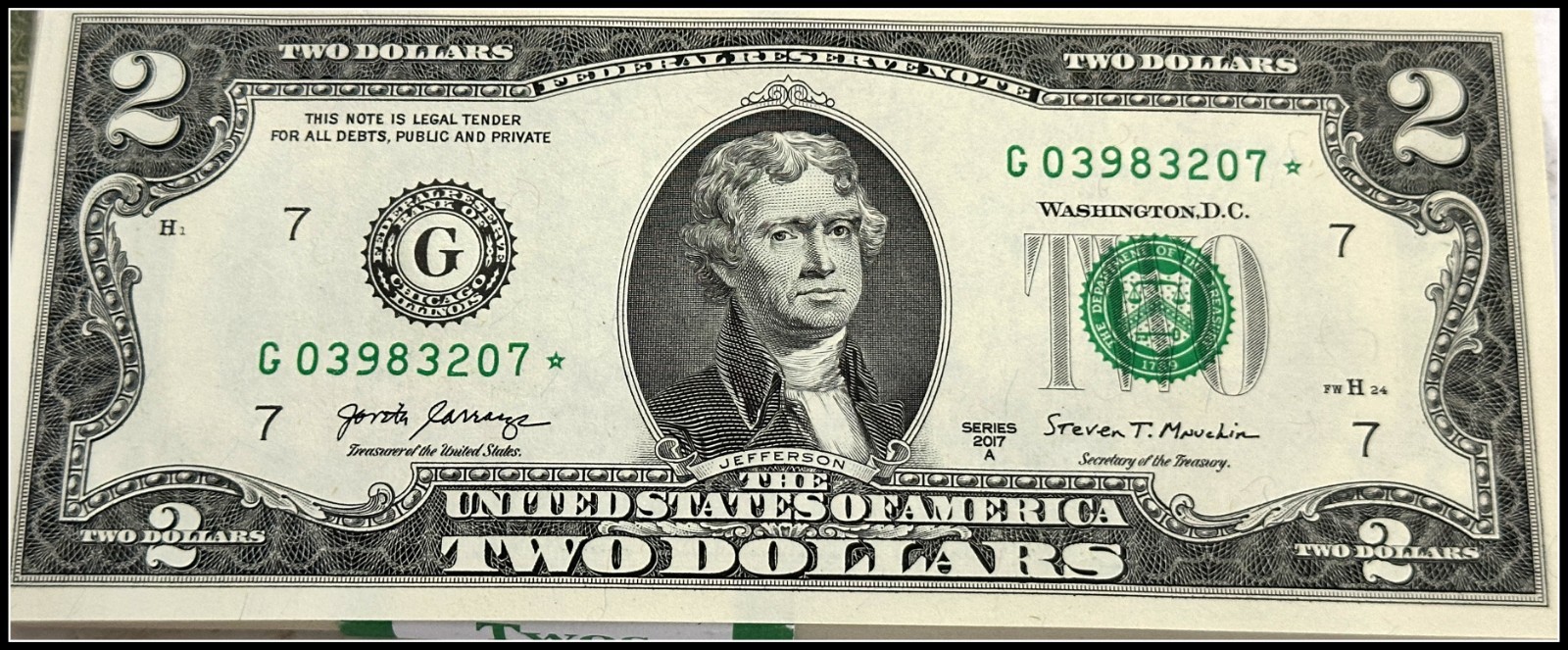 2017A $2 Star Note, Two Dollar Note Serial # G 039832xx* UNCIRCULATED 2017A $2 Star Note, Two Dollar Note Serial # G 039832xx* UNCIRCULATED