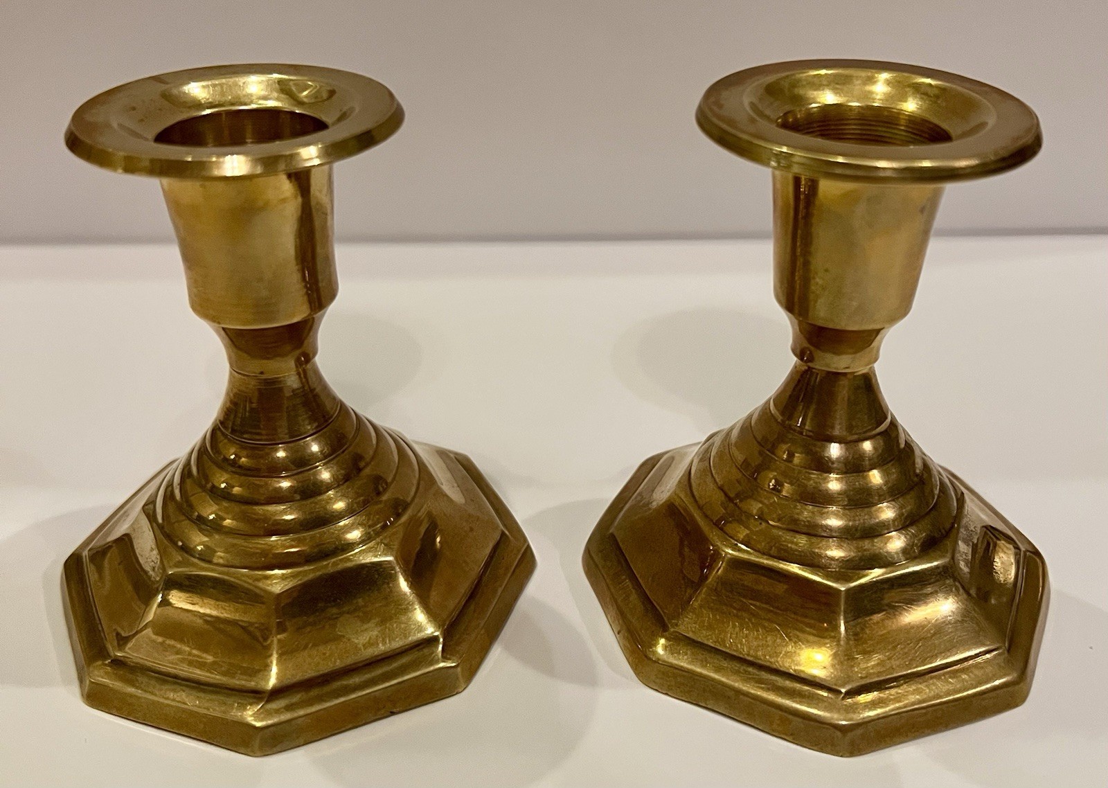 Vintage Made in India Polished Brass Candlesticks Pair Octagonal Bases 3.5\