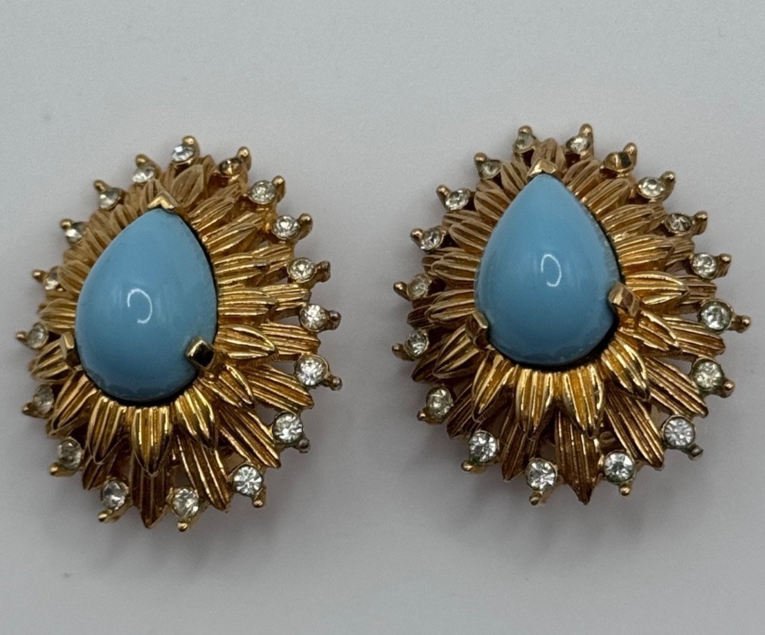 Vintage Jomaz Joseph Mazer Clip On Earrings Rhinestone Gold Tone READ