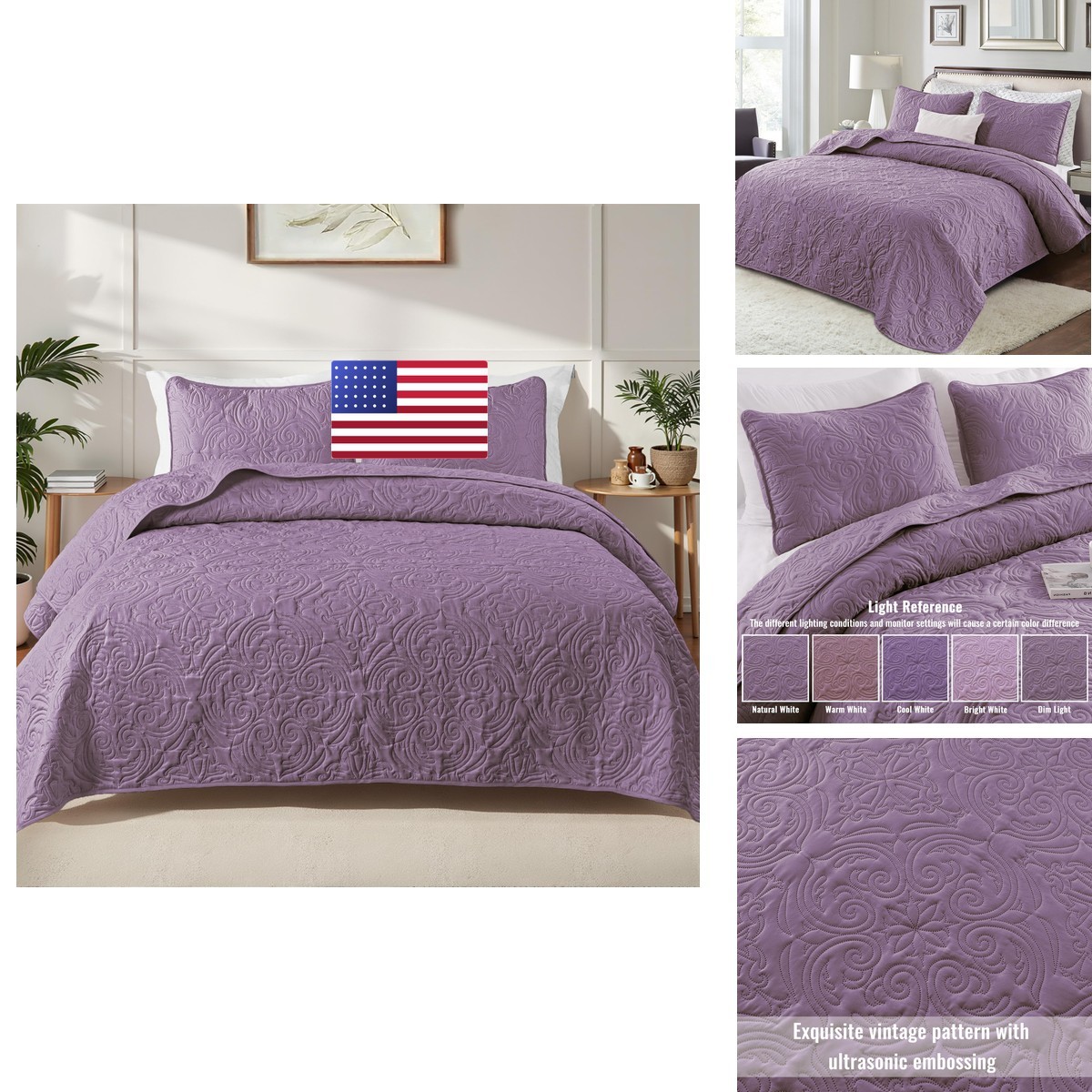 Exclusivo Mezcla 3 Piece California King Quilt Bedding Set, Dusty Lavender Exclusivo Mezcla 3 Piece California King Quilt Bedding Set, Dusty Lavender