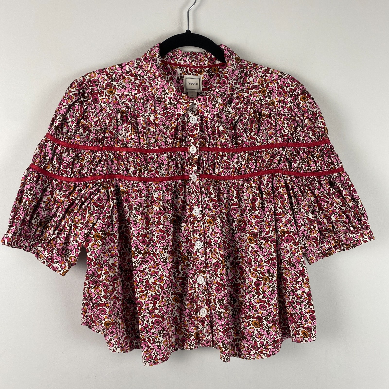 Anthropologie Maeve The Leandra Shirred Yoke Blouse Petite XL Pink Red Floral