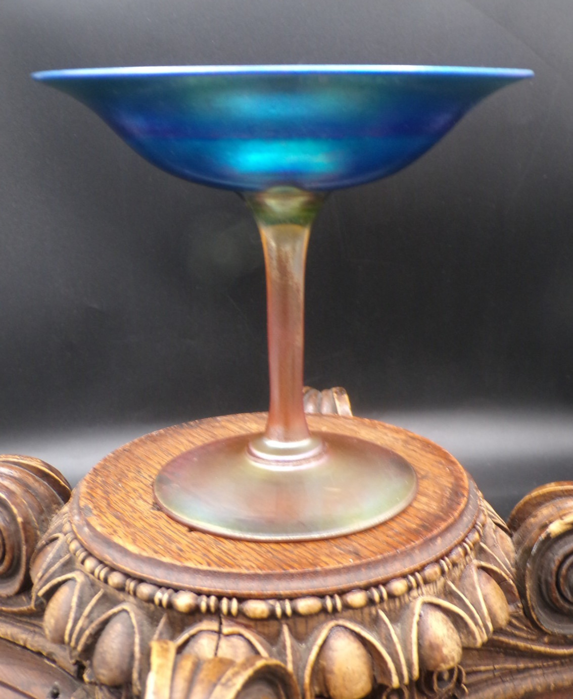 Antique Frederick Carder Steuben #2670 BLUE & BROWN AURENE Art Glass Compote