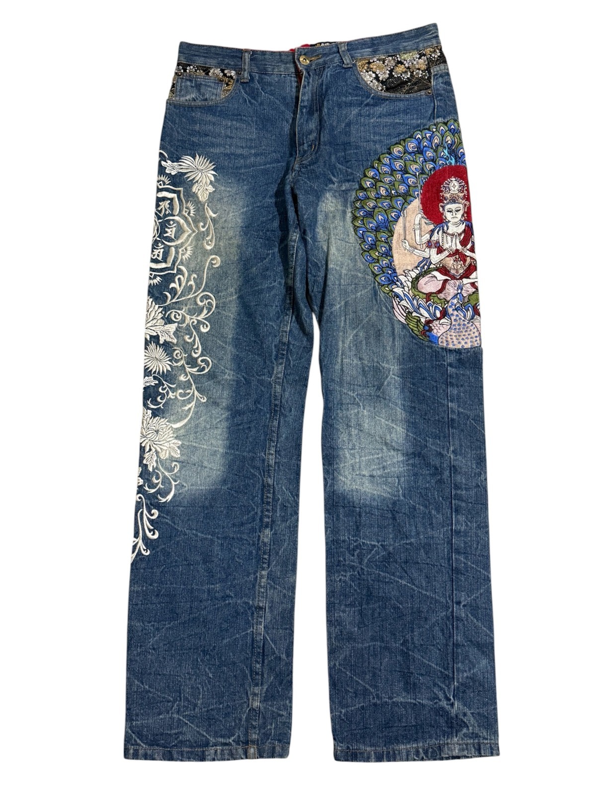 Vintage Hishyouhakurei Japanese Style Peacock Graphic Y2K Embroidered Denim Jean