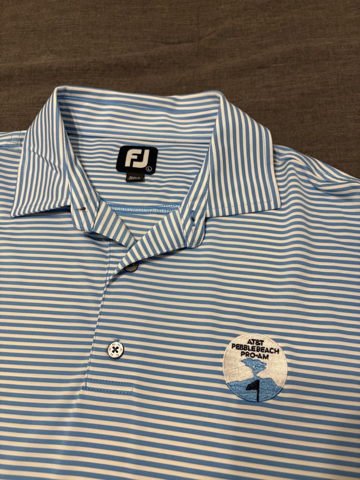 Foot Joy Men’s Size Large Blue And White Striped Polo Pebble Beach Pro Am Foot Joy Men’s Size Large Blue And White Striped Polo Pebble Beach Pro Am