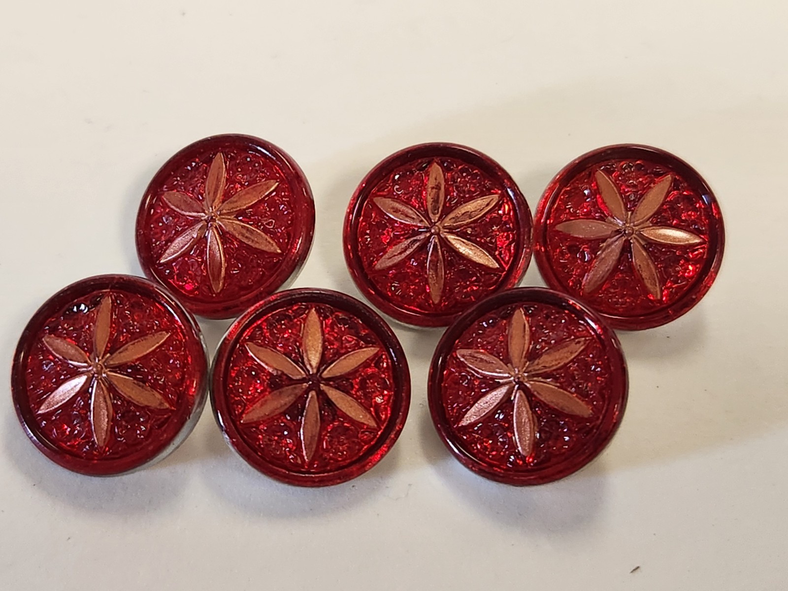 Ruby Red Star Flower Czech Glass Buttons Lot Of 6 New Pours Vintage Molds 18mm