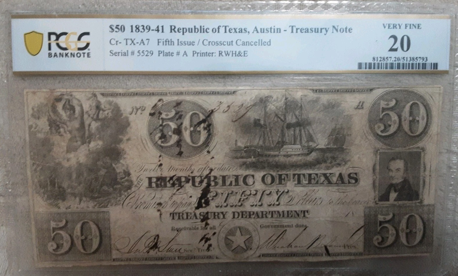 1839-41 $50 Republic of Texas, Austin - Treasury Note