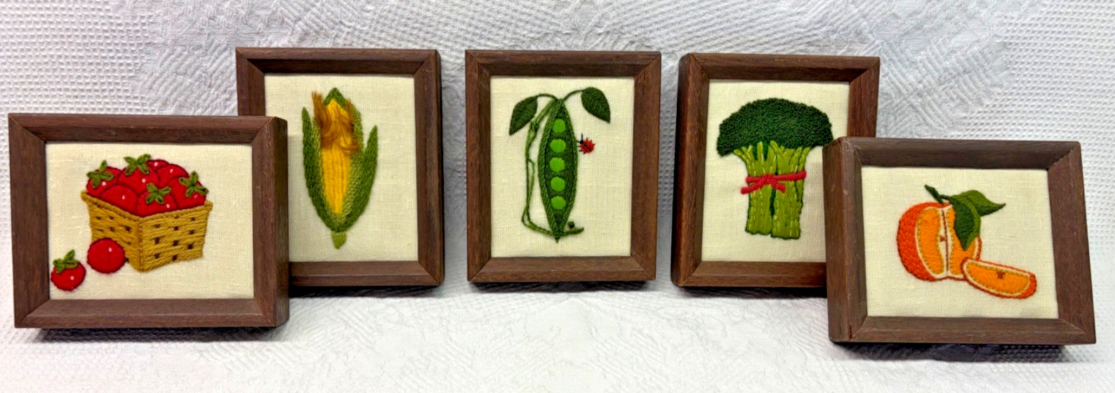 Vintage 1970s Crewel Embroidery Framed Wall Art Set 5 Fruit Vegetables Kitchen